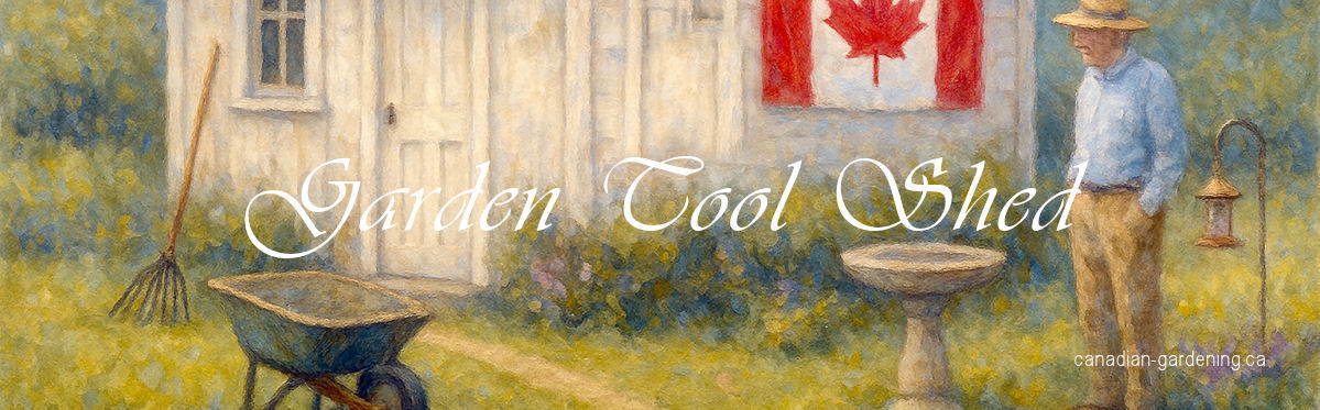 Garden tools and a tidy shed banner