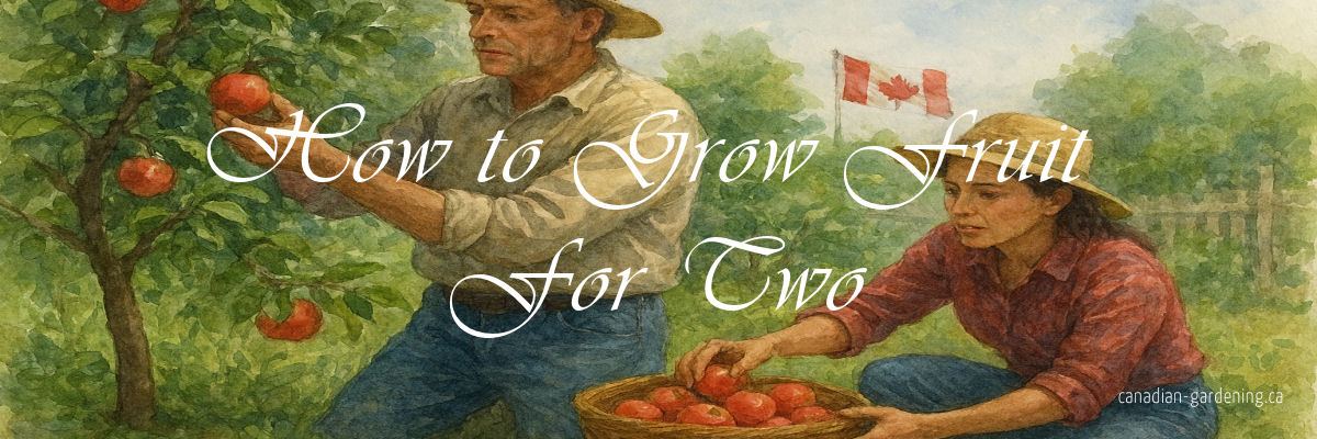 Two people harvesting fruit in a small garden