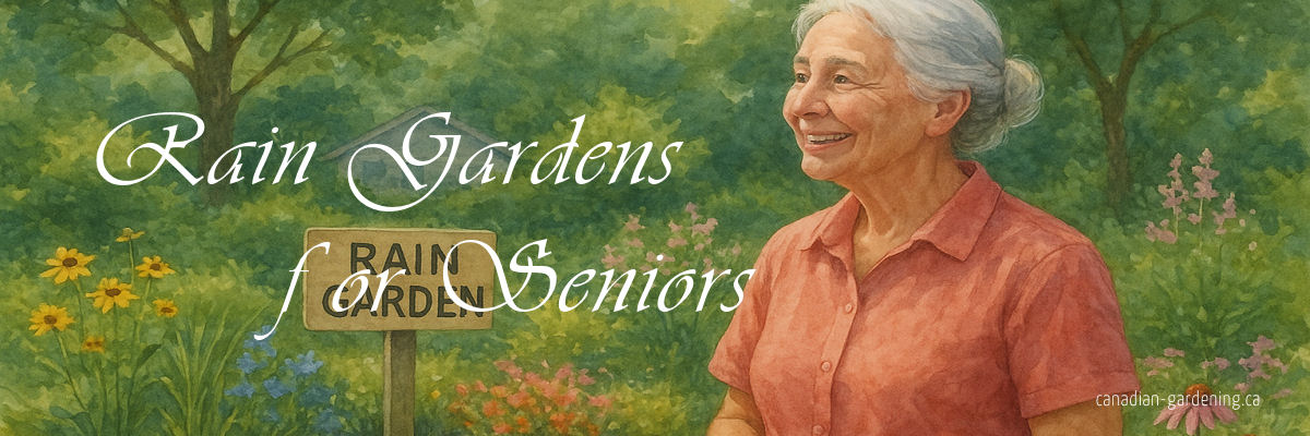 Older gardener admiring a colourful rain garden on a gentle slope after a rainfall
