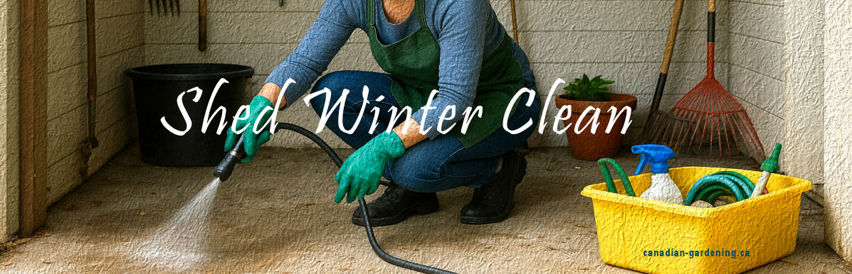Woman cleaning shed floor and arranging tools