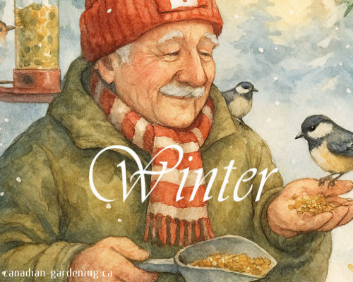 Winter garden covered in snow and feeding winter birds